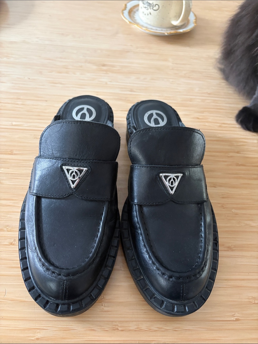 Women’Black Slip-On Leather Mules with Triangular Emblem